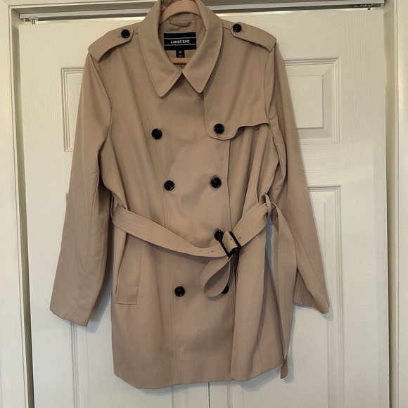 Lands' End Jackets & Blazers - Lands' End Tan Rain Trench Coat Short Double Breasted Belted - Women's Size 18